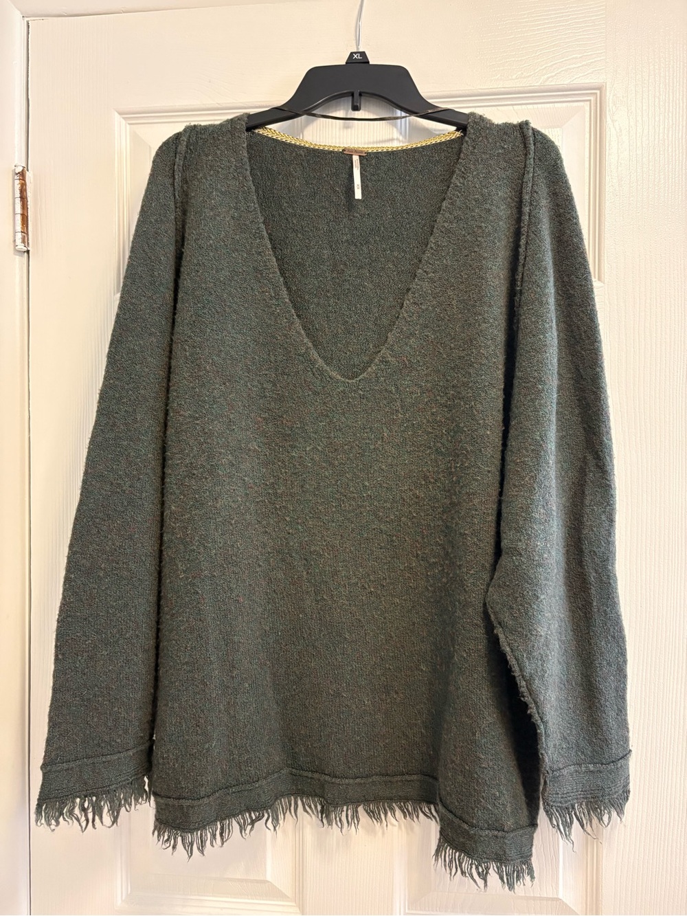 Free People Fringe V-Neck Wool Blend Sweater Charcoal Green - Size M